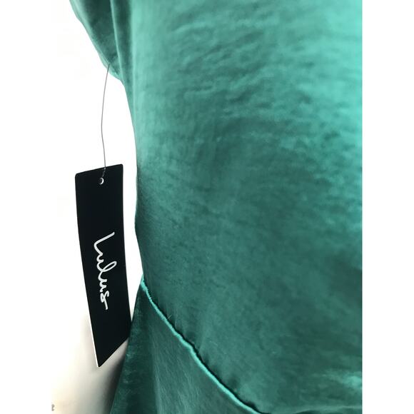 Lulus Green Satin One Shoulder Puff Sleeve Ruffle Trim Mini Dress L Party - Picture 8 of 10